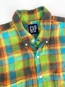 GAP - Large - Vintage 90s Vibrant Bright Green Orange Blue Long Sleeve Flannel 海外 即決