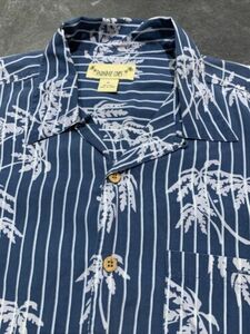 Vintage Paradise Coves Blue Striped Silk Summer Hawaiian Shirt XL Short Sleeve 海外 即決