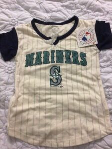 Seattle Mariners Girls' Baseball Pinstripe T-Shirt - XS 4/5 - Ivory 海外 即決