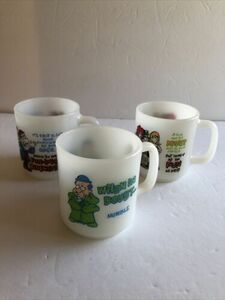 3 Glasbake USA Set White Glass Cartoon Coffee Cups Mugs Mumble Money Conscience 海外 即決