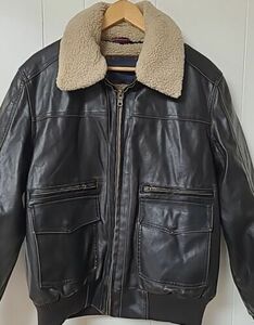 Tommy Hilfiger Sherpa Lined FAUX LEATHER Brown Aviator Bomber Jacket Mens L 海外 即決