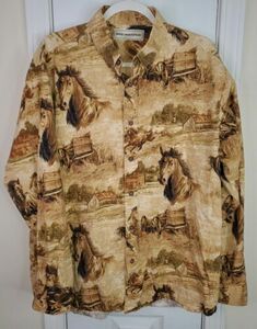 Vtg Bit & Bridle Brown Horse All Over Graphic Long Sleeve Button Shirt Sz Large 海外 即決