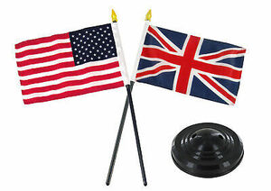 UK United Kingdom w/ USA American Flag 4"x6" Desk Set Table Stick Black Base 海外 即決