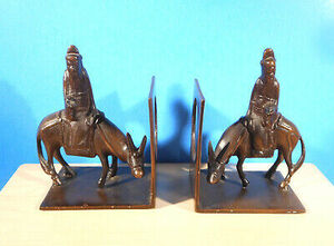 VTG SET HEAVY BRONZE COLOR ASIAN MAN RIDING ON A DONKEY BOOKENDS TOYO JAPAN VGC 海外 即決