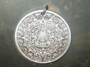 NEW 40MM Silver Tone Aztec Mayan Sun Calendar Mexico COIN Pendant Charm Necklace 海外 即決