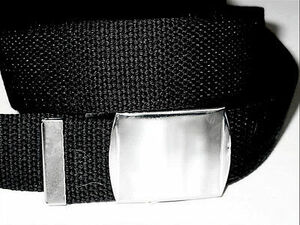 Canvas BLACK 1 1/4" x 40" Military Web Fabric Belt MIRROR SILVER Metal Buckle 海外 即決