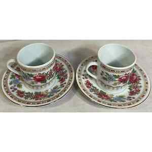 Vintage Pair 2 Demitasse Cups and Saucers Pink Floral Gold Trim Espresso Coffee 海外 即決