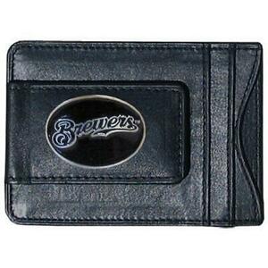 Milwaukee Brewers Fine Leather Money Clip Wallet (NEW) MLB Black Billfold 海外 即決