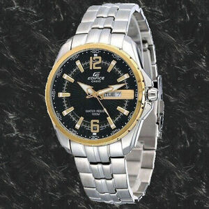 Casio EF131D-1A9 Mens EDIFICE Gold Analog 2 Tone Watch Stainless Steel Band 100M 海外 即決