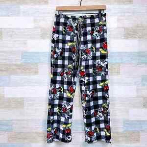 Disney Minnie Mouse Plush Fleece Pajama Pants Black White Gingham Womens Medium 海外 即決