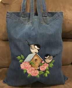 Large Embroidered Chickadee Bird Rose Blue Denim Open Tote Book Shopping Bag 海外 即決