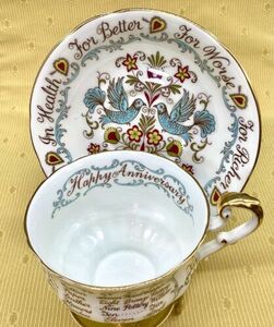 PARAGON Tea Cup and Saucer Set HAPPY ANNIVERSARY Wishes Blue Love Birds 海外 即決