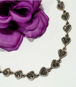 Vintage 925 Sterling Silver Marcasite Heart Link Tennis Bracelet 6 3/4" 11gr 海外 即決