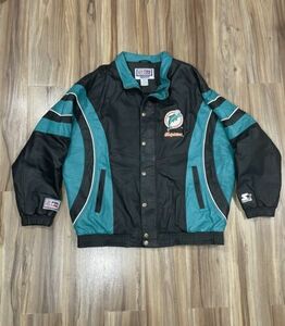 Vintage Pro Line Starter Leather Miami Dolphins NFL Zip Jacket Men’s Black XXL 海外 即決