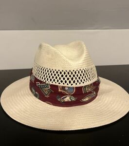 Straw Panama Fedora Sun Hat w/ Wide Brim & Golf Theme Red Band White Straw 海外 即決