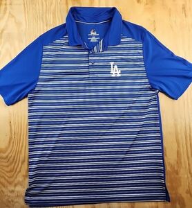 LA Dodgers Logo Baseball MLB Polo Majestic Blue Striped Polo Shirt Mens Large 海外 即決