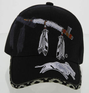 NEW! NATIVE PRIDE PEACE PIPE FEATHERS CAP HAT BLACK 海外 即決