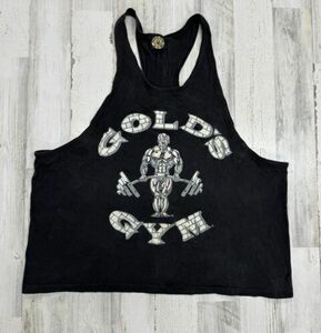 Vtg GOLDS GYM Tank Top Mens Large Black Stinger 80s 90s USA Puff Print Muscle 海外 即決