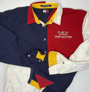 Vintage Tommy Hilfiger Shirt Sailing Gear Lotus 90s Spell Out Color Block L Flag 海外 即決