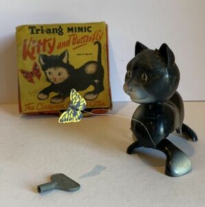 VINTAGE TRI-ANG MINIC KITTY AND BUTTERFLY CLOCKWORK NOVELTY KITTEN WIND UP BOX 海外 即決