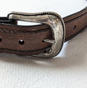 Leather Black & Brown Tooled Size 34 Silver Buckle Cowboy Western Belt Conchos 海外 即決