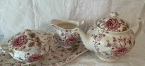 JOHNSON BROTHERS Rose Chintz Teapot, Sugar Bowl, Creamer & Platter ENGLAND 海外 即決