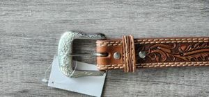 Western Rodeo Saddle Tan Floral Tooled Leather Belt Size 30 海外 即決