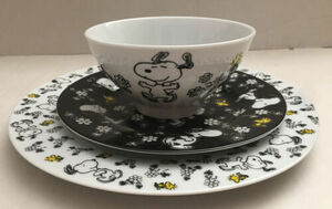 New Peanuts Snoopy Woodstock Floral Dinner , Bowl & Salad plate 3pc set 海外 即決