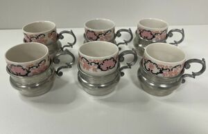 Set of 6 Vintage CF Porcelain Italy Espresso Demitasse Tea Cups Metal Holders 海外 即決