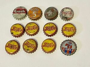 12 - Bottle Caps Cork Back Pepsi Cola Double Dot Hires 5c Coca Cola Crush Corky 海外 即決