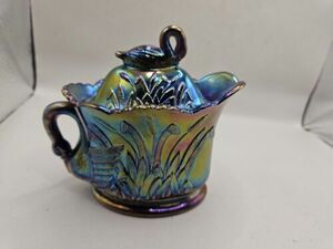 Westmoreland Blue Carnival Glass Swan Cattails Creamer Used Condition 4" Length 海外 即決