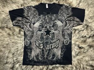 Vintage Y2K Grunge Emo US Army Military Eagle Wings Affliction Style Shirt Large 海外 即決