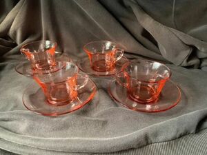 Set of 4 CAMBRIDGE GLASS cups & saucers clear pink Triangle C signed 海外 即決