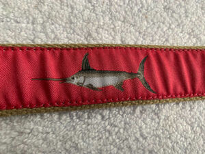 Leather Man Ltd Belt Mens 34 Leather Brass Canvas Hot Pink Embroidered Fish USA 海外 即決