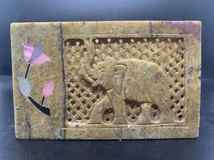 Vintage Elephant Soapstone Pen/Pencil and Pad Holder Made In India 3"x4"x1-1/2" 海外 即決