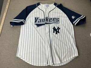 New York Yankees Jersey XL Starter Pinstripes Blue White Baseball jacket hat VTG 海外 即決