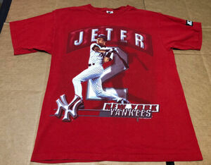 Vintage 1990s Derek Jeter NY Yankees Mens Graphic Red T-Shirt - Starter - Size M 海外 即決