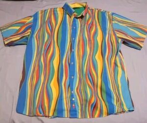 Vintage COOGI Stitched Logo Multi Color Stripe Rainbow Button Up Shirt 3XL *Read 海外 即決