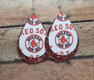 Boston Red Sox Faux Leather teardrop earrings with Red glitter 海外 即決