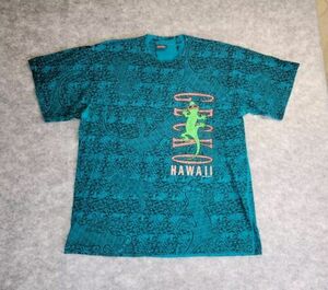 Vintage Gecko T-Shirt Mens XL Blue Green Hawaii All Over Print Surf Beach 90's 海外 即決