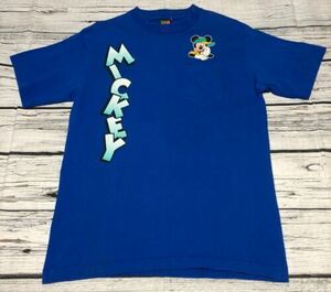 Vintage 90s Mickey Mouse Gangsta Disney Blue Pocket T-Shirt Graffiti Size Large 海外 即決