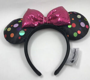 Disney Parks Minnie Mouse Black Polka Dots & Pink Sequin Bow Hat Headband Adult 海外 即決