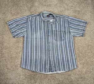 Vintage 90s Y2K Faded Glory Vertical Striped Blue Tone Short Sleeve Pocket Shirt 海外 即決