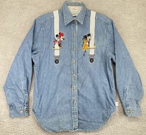 Vintage Disney Parks Denim Button Long Sleeve Shirt Mickey Minnie Donald Dais-M 海外 即決