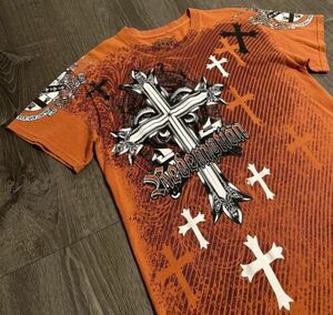 Vintage Y2K MMA Elite T Shirt—Grunge Redemption Tribal Crosses—Orange Small 海外 即決