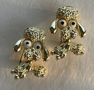 Pair Vintage Signed Gerry's Poodle Dog Brooch Pins Gold Tone Google Eyes 海外 即決