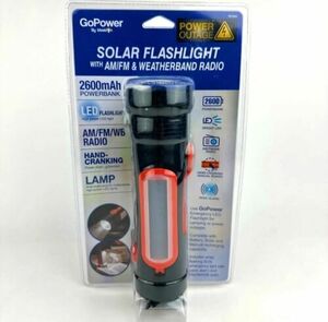 GoPower Emergency Solar Flashlight 2600mAh Power Bank with AM/FM Weather Radio 海外 即決