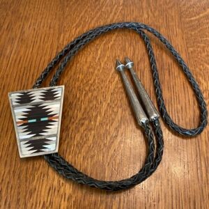 Charlotte Dishta Zuni Sterling Silver Mother of Pearl Multistone Inlay Bolo Tie 海外 即決