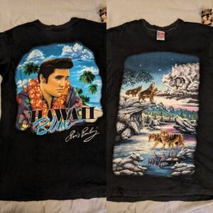 Rare VTG Factory Test Print Shirt Elvis Blue Hawaii Back Wolf Nature Front Sz L 海外 即決