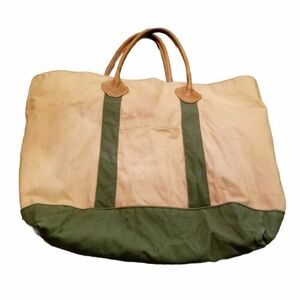 LL Bean Bag Boat and Tote Khaki Green Canvas Leather Handles Plaid Lined Vintage 海外 即決